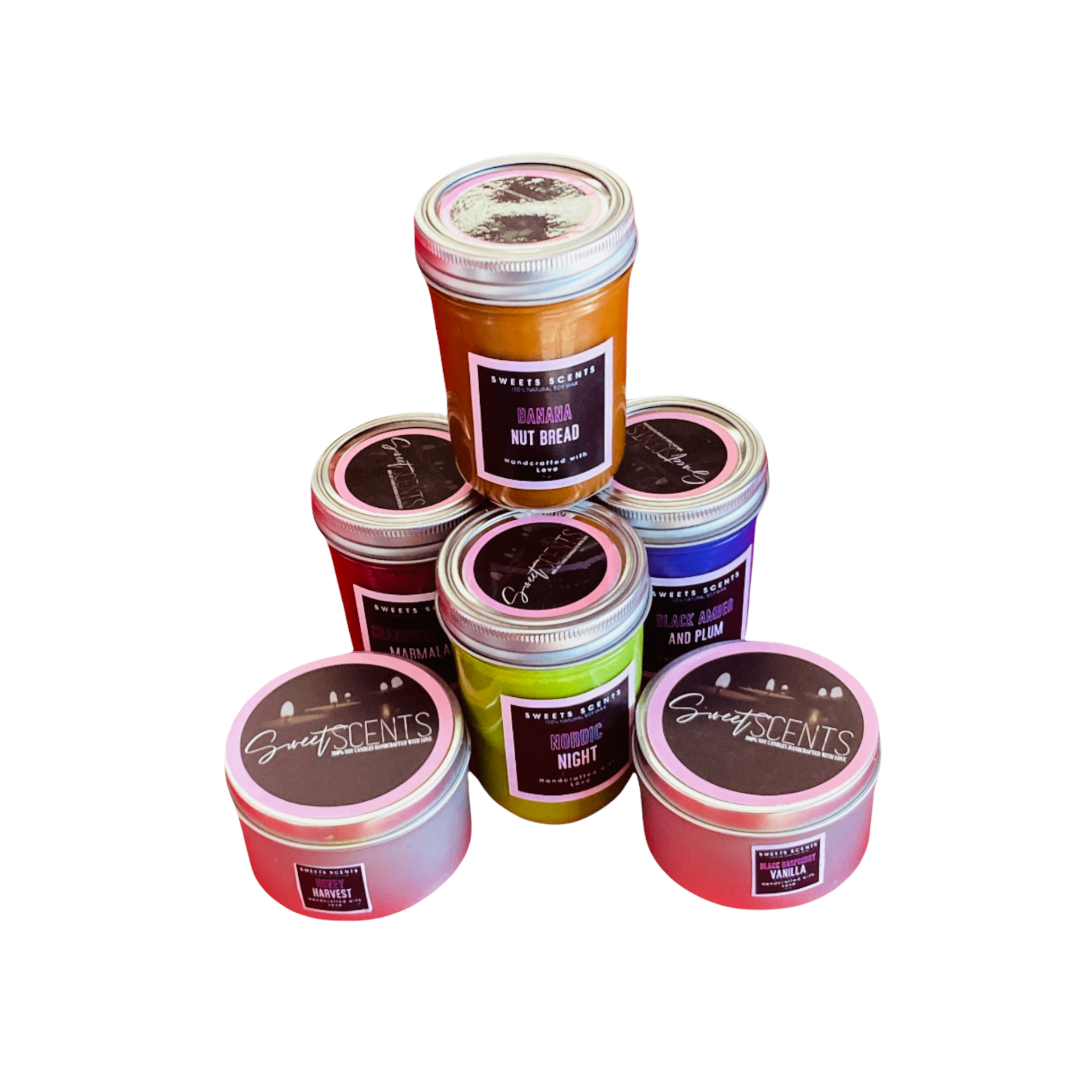 The full Sweet Scents candle collection stacked together