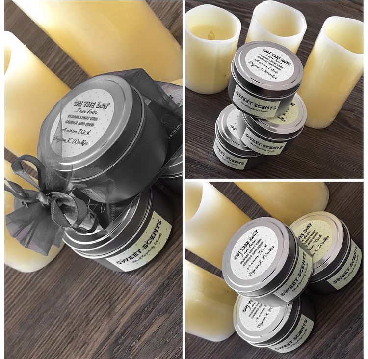 Personalized Sweet Scents candle tins with custom baby shower labels and ribbon